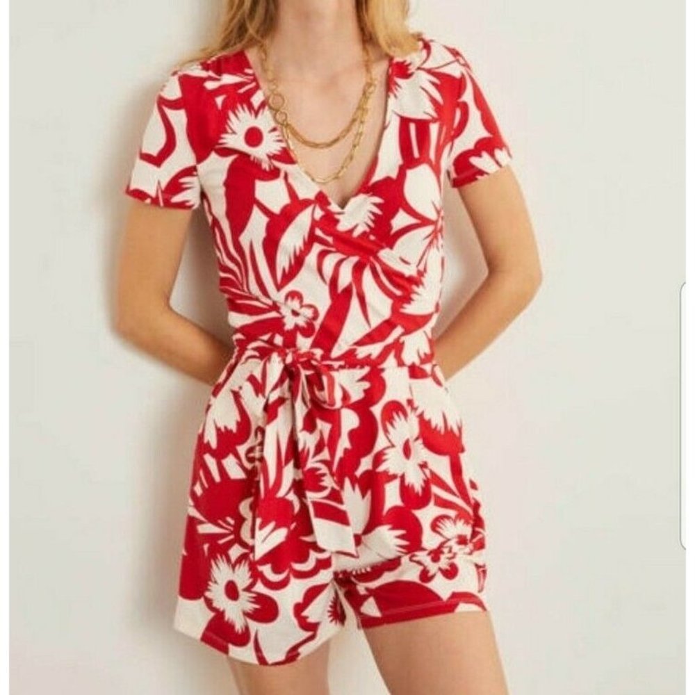 Boden Womens Printed Short Sleeve Romper Red White Size 6 US Belted